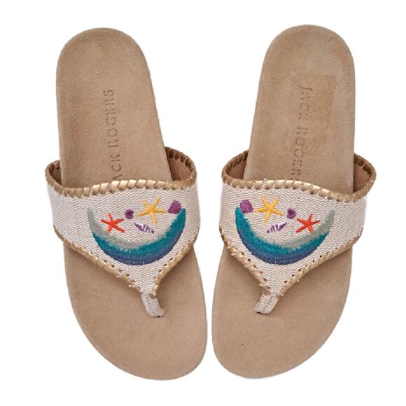 JACK ROGERS Embroidered Beach Thong Comfort Sandals Size 7 Preppy Coastal Beige - Picture 1 of 8